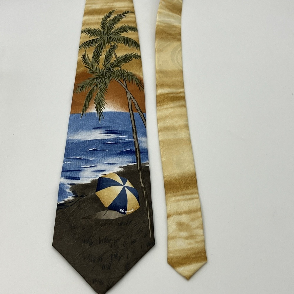 Tropical Hawaii Men's Tie Handmade Brown Blue Tan Beach Quirky Whimsical Kitschy